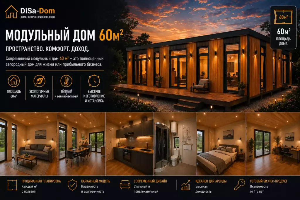 Просторный дом 60 м² с 4 спальнями и кухней-гостиной — для семьи и дохода
